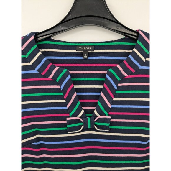 Striped Knit Shift Dress Women Size S Talbots Bow Neck Preppy Y2K Office Coastal - Picture 8 of 8